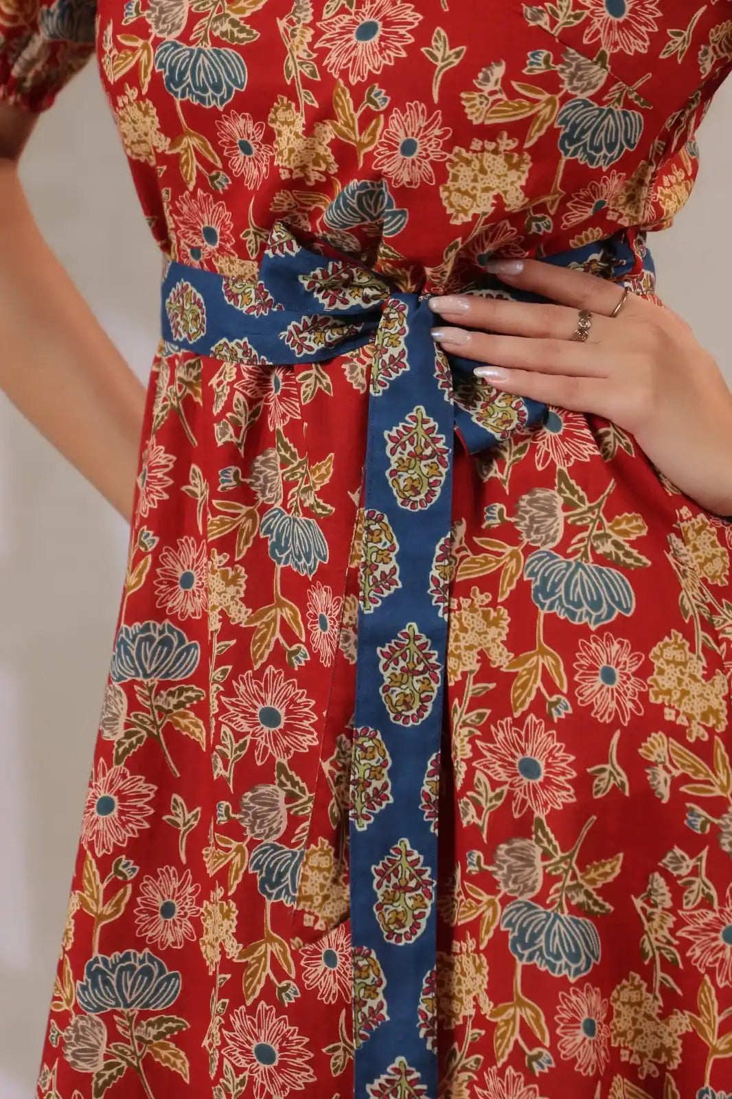 Indigo_Red_Floral_Printed_Maxi_Dress_-_fabric_close_up - VyomTara