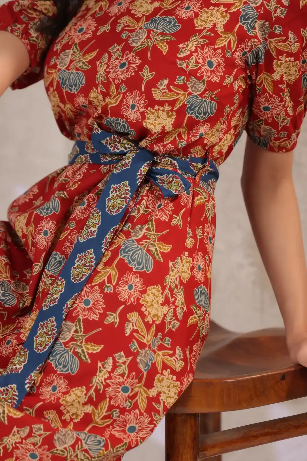 Indigo_Red_Floral_Printed_Maxi_Dress_-_fabric_close_up_view - VyomTara