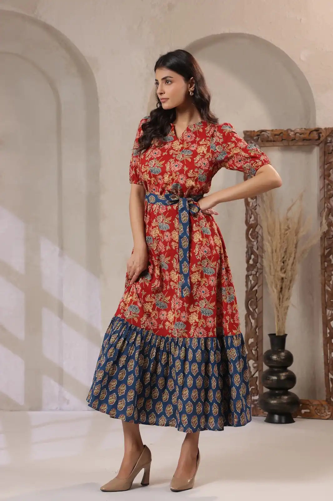 Indigo_Red_Floral_Printed_Maxi_Dress_-_side - VyomTara