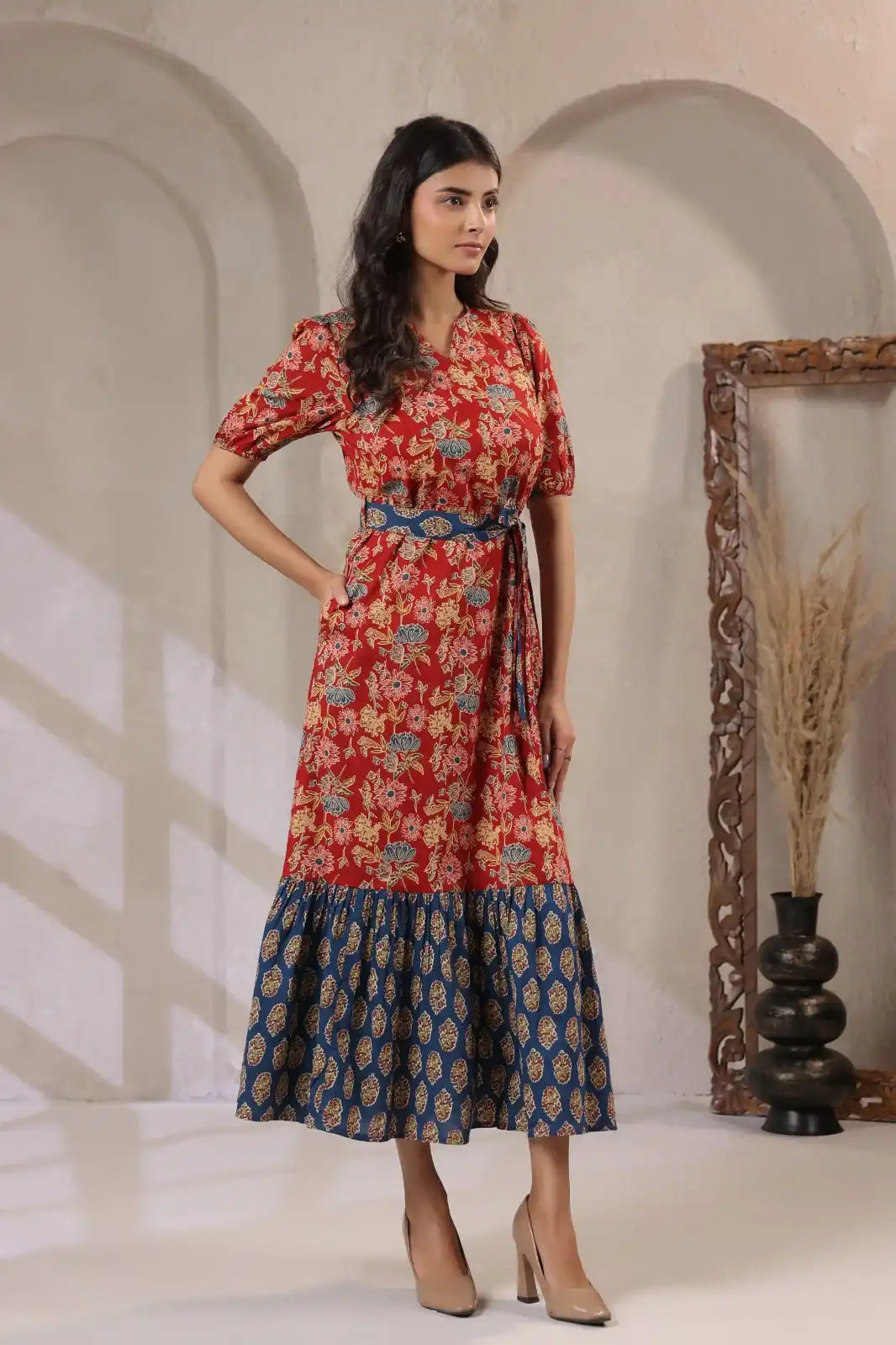 Indigo_Red_Floral_Printed_Maxi_Dress_-_side_view - VyomTara