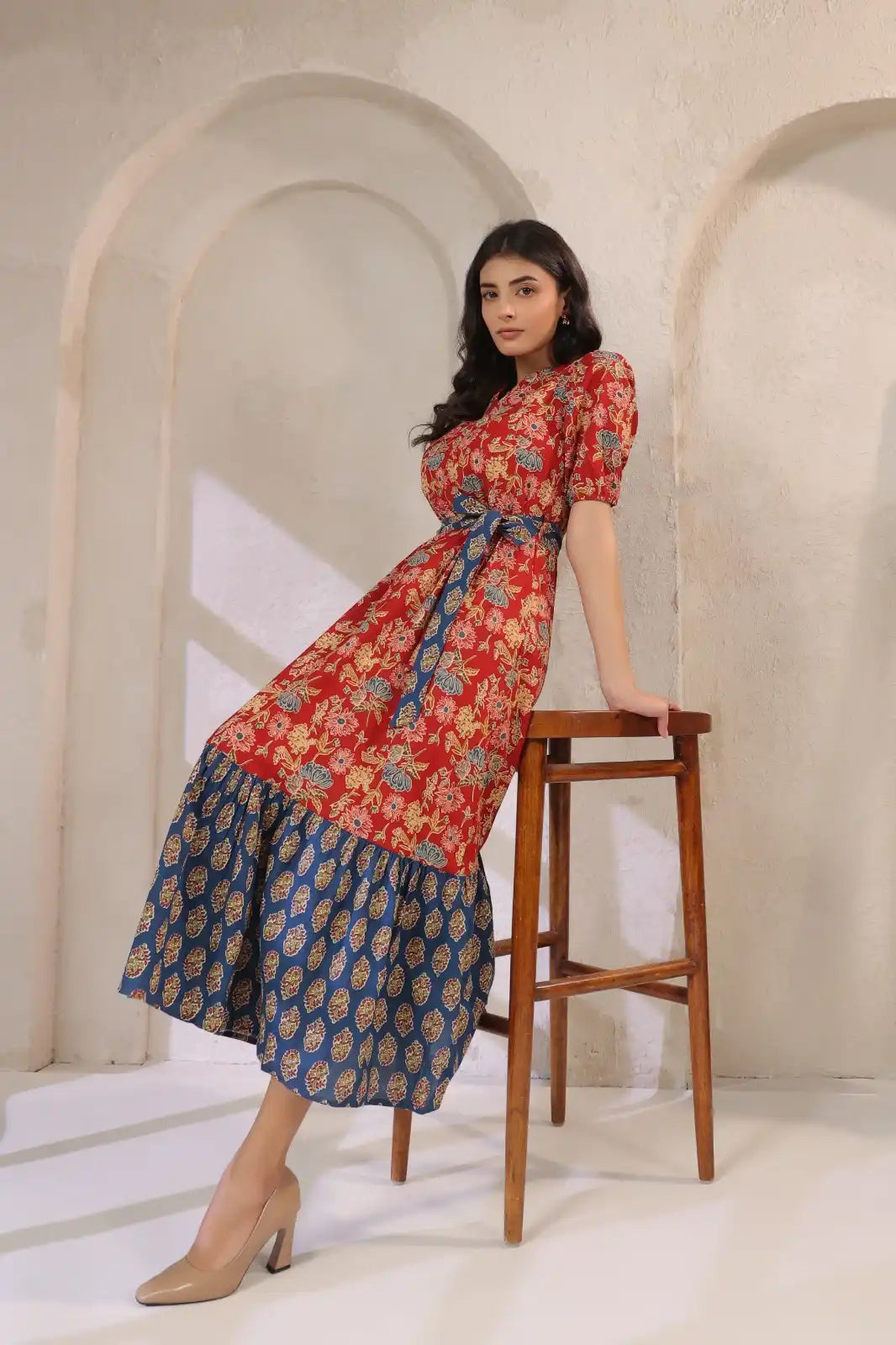 Indigo_Red_Floral_Printed_Maxi_Dress_-_studio_pose - VyomTara