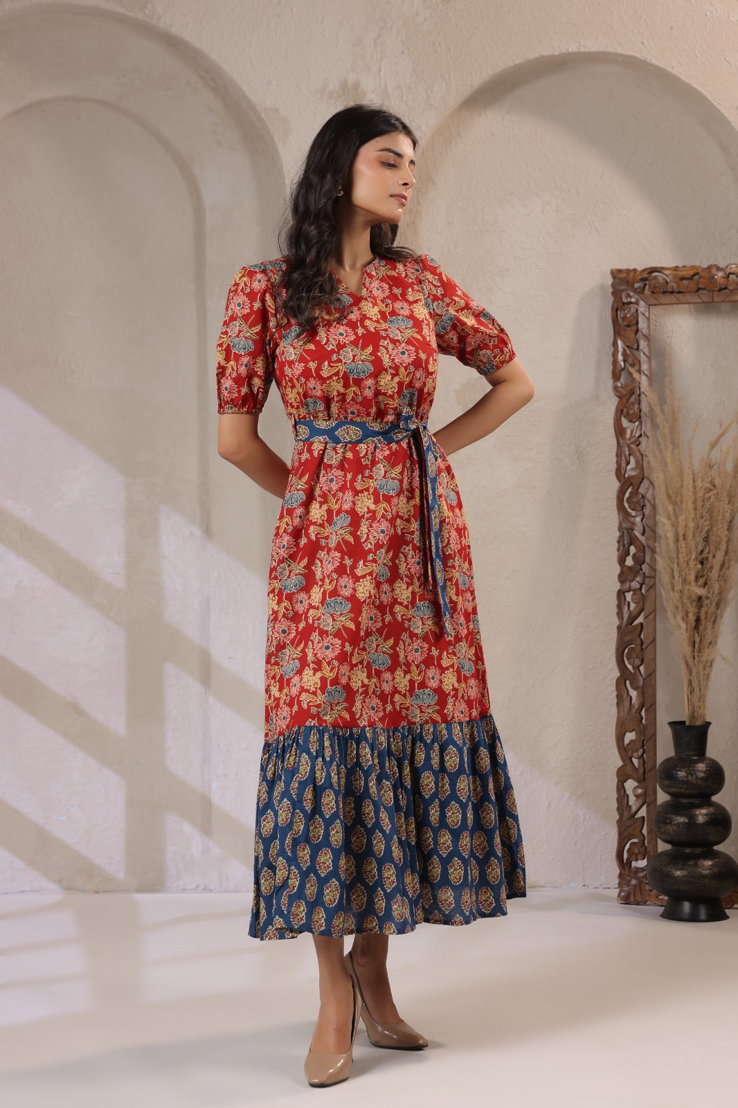 Indigo_Red_Floral_Printed_Maxi_Dress_-_style - VyomTara