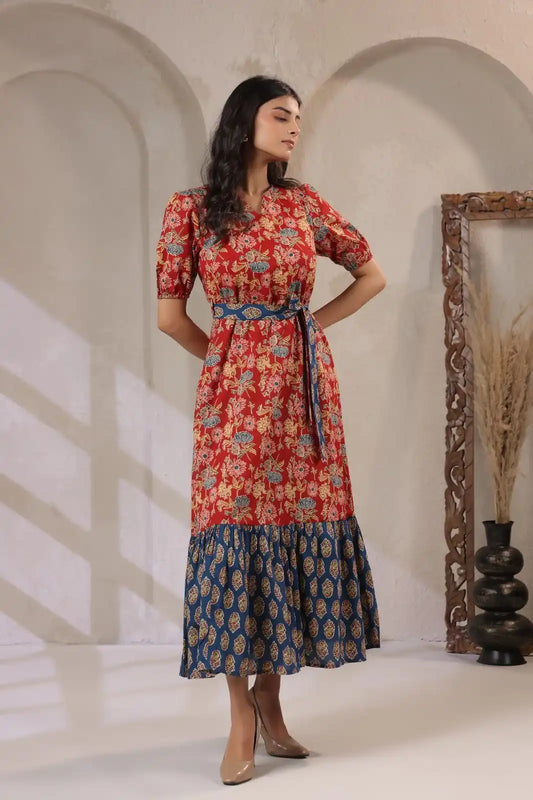 Indigo_Red_Floral_Printed_Maxi_Dress_-_style - VyomTara