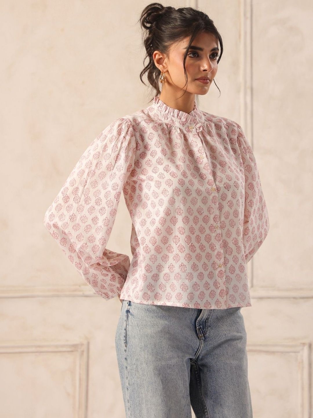 Off White & Rust Block Print Cotton Ruffle Neck Shirt