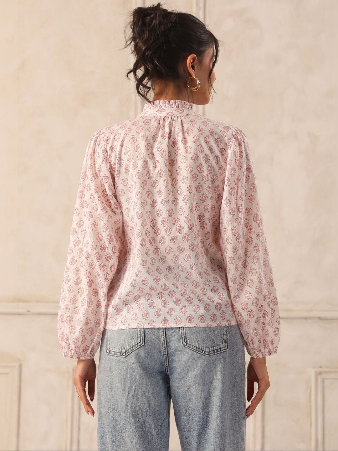 Off White & Rust Block Print Cotton Ruffle Neck Shirt