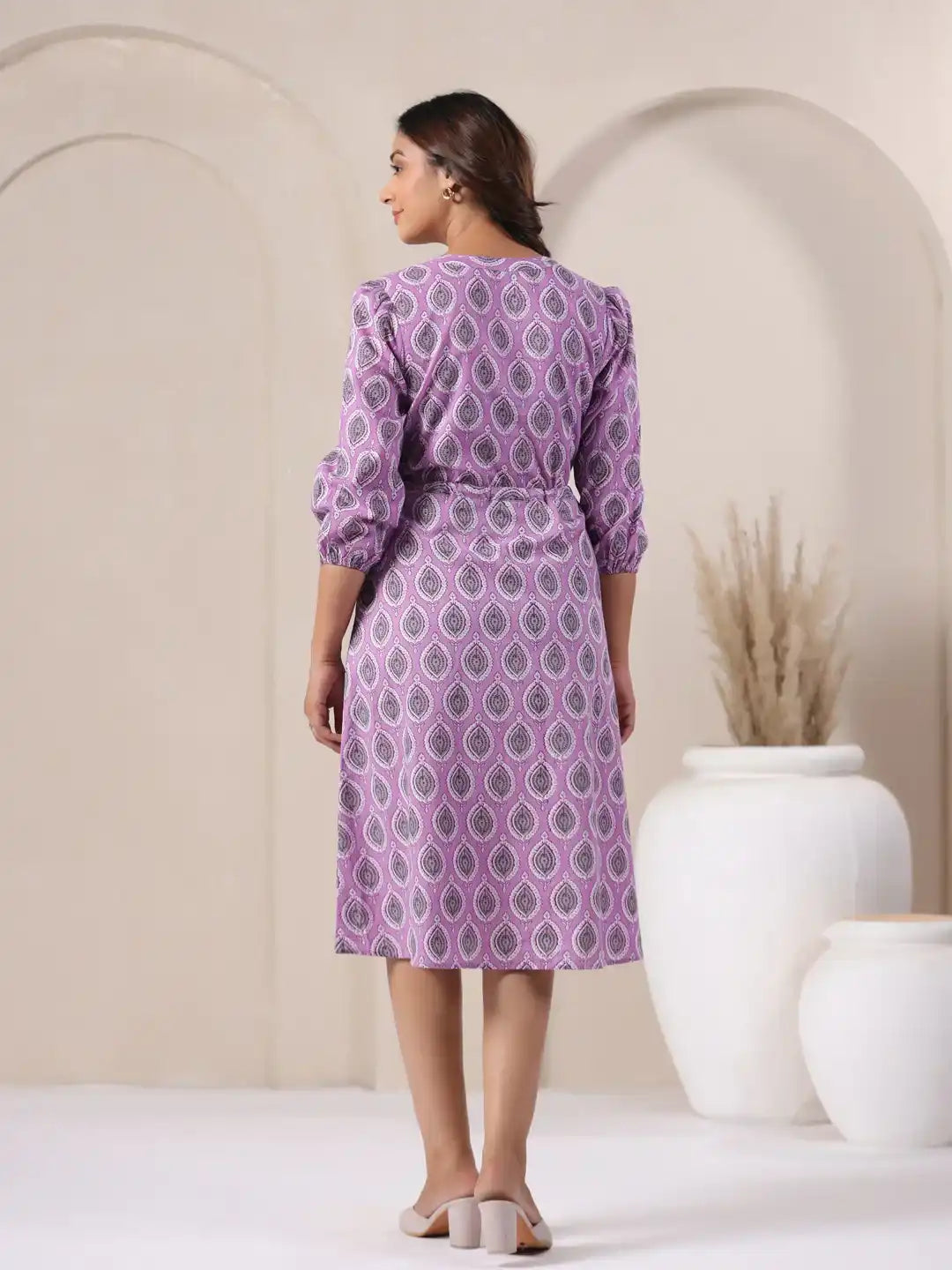 Purple printed cotton kurta with puff sleeves, elegant for daily wear or office