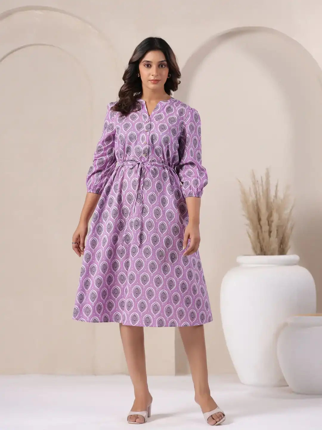 Purple printed cotton kurta dress with tie waist, ideal for daily wear or office