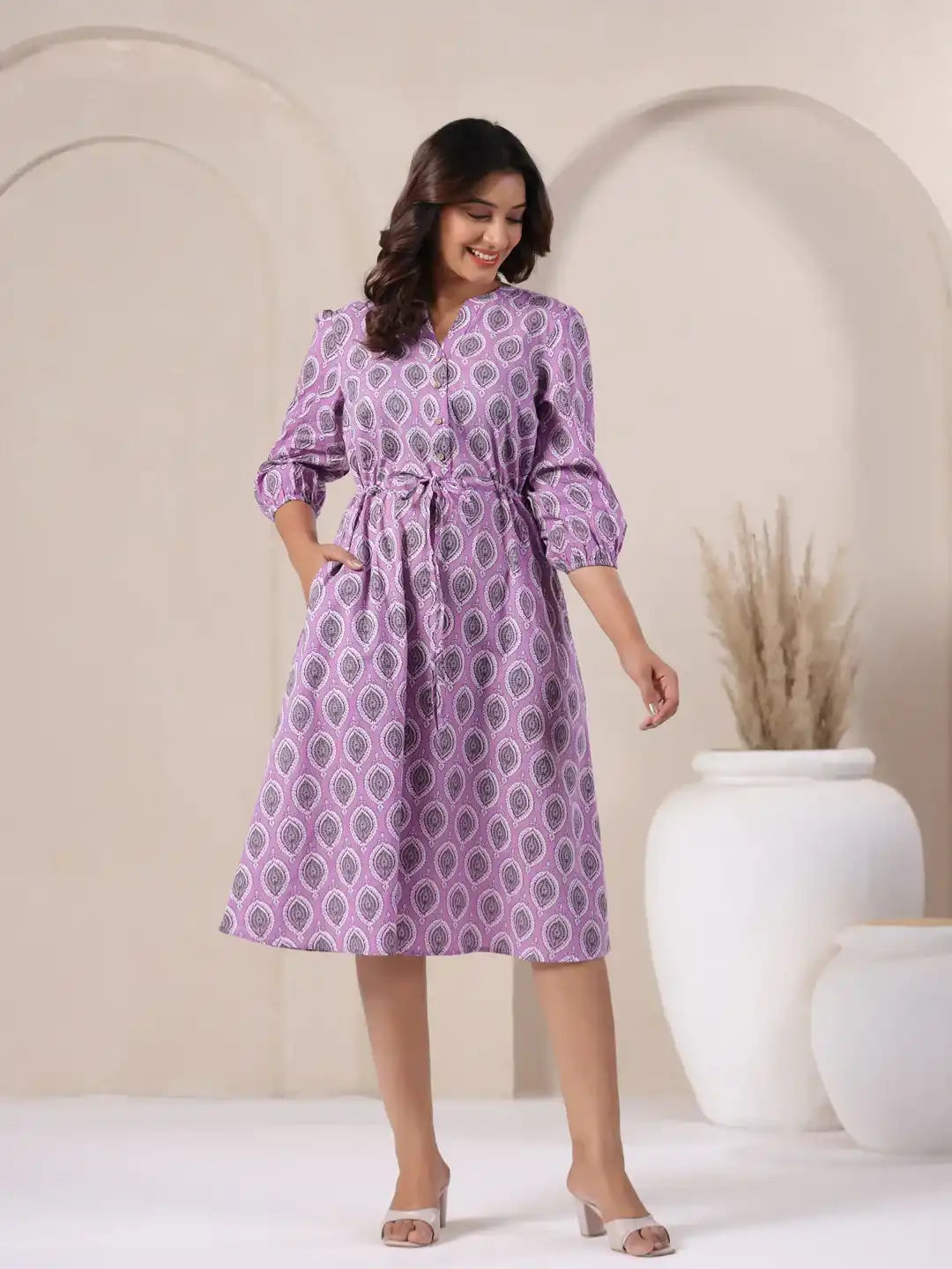Purple printed cotton kurta dress with tie waist, perfect for daily wear or office