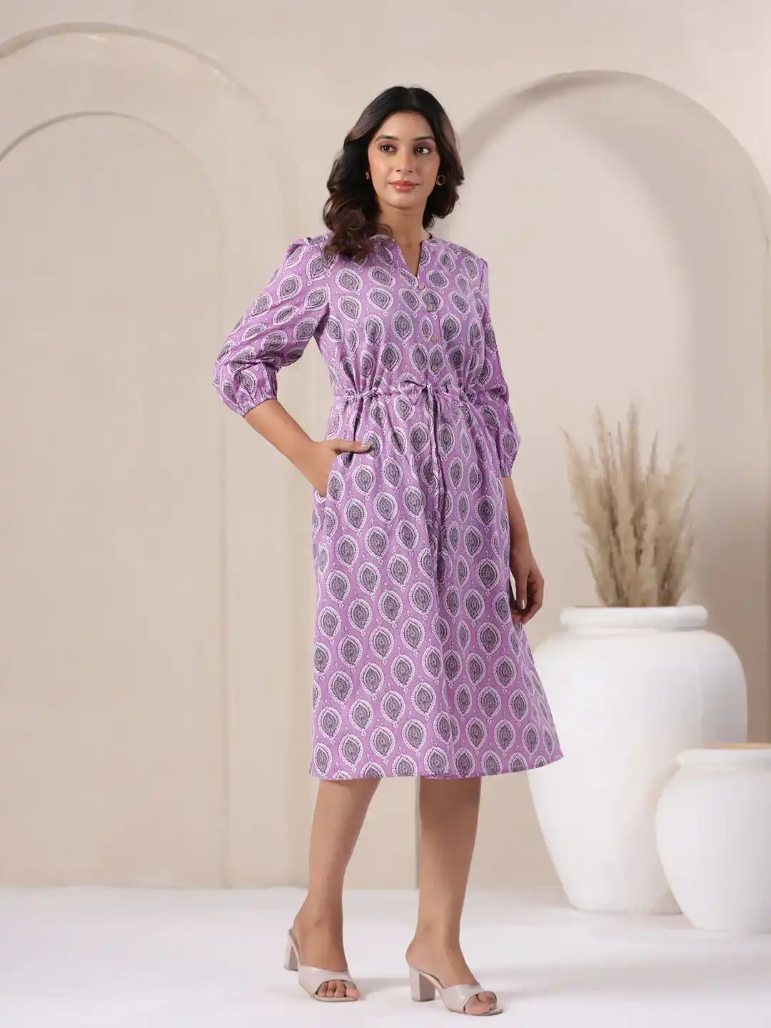 Purple printed cotton kurta dress with tie waist, ideal for daily wear or office