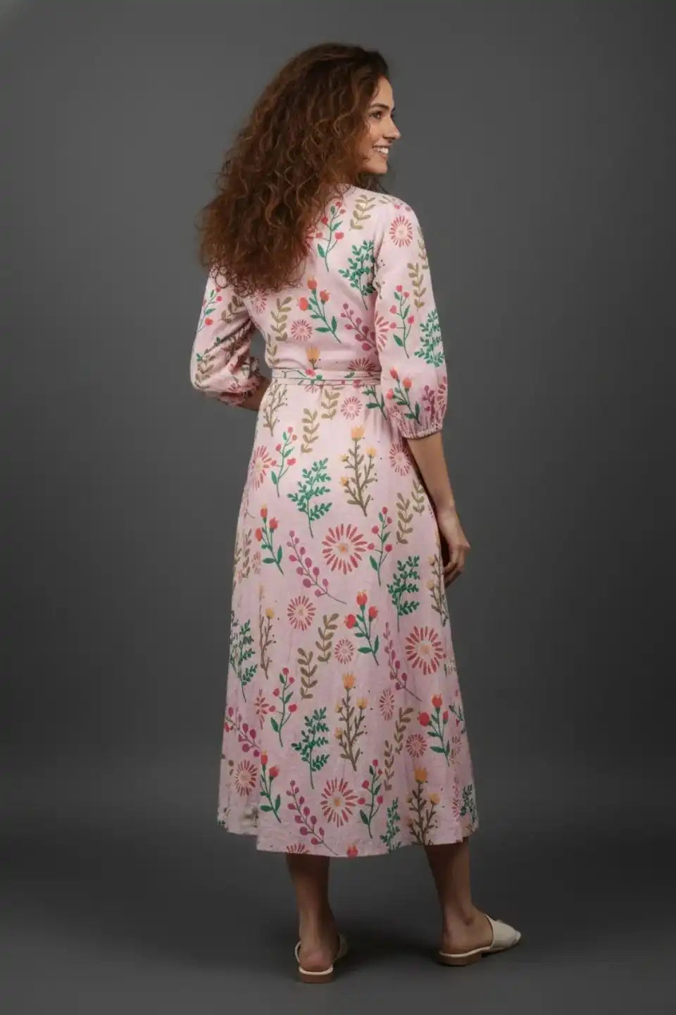 LightPinkFloralMidiDress-Backview - VyomTara