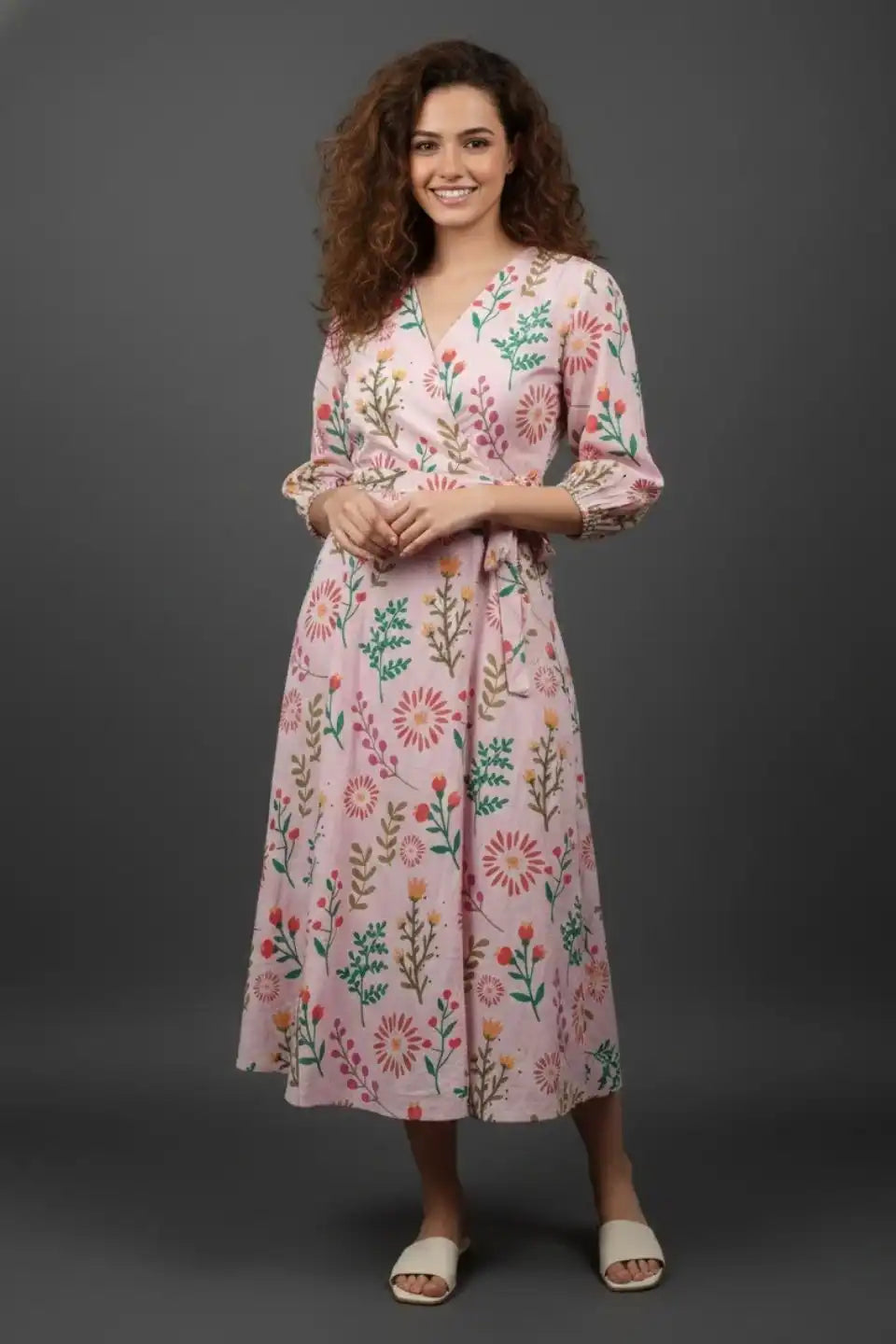 LightPinkFloralMidiDress-Sideview - VyomTara