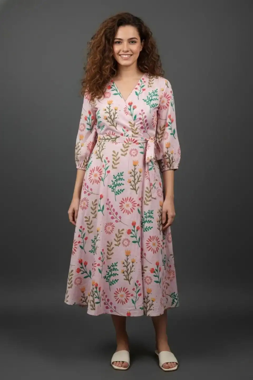 LightPinkFloralMidiDress-front - VyomTara