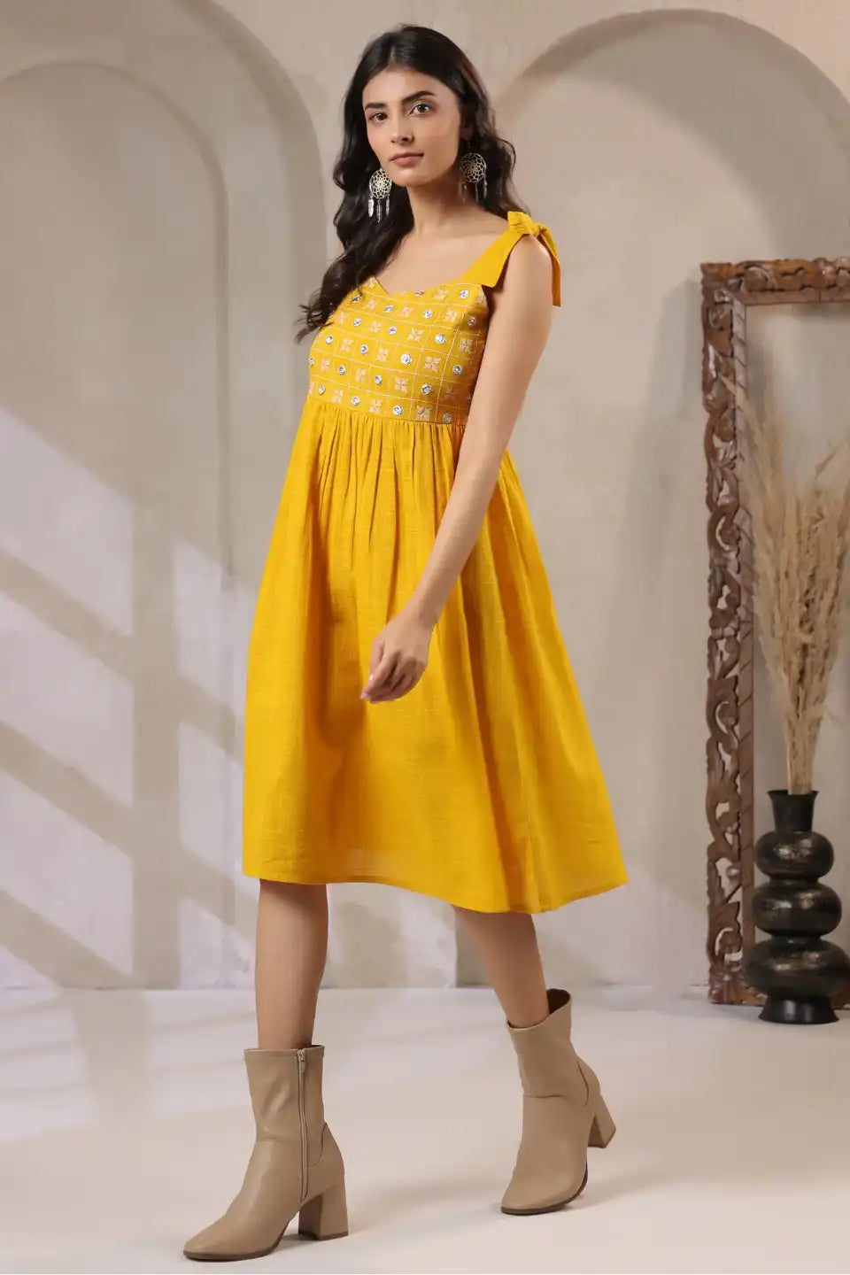 MustardEmbroideredMiniDress-Sideview - VyomTara