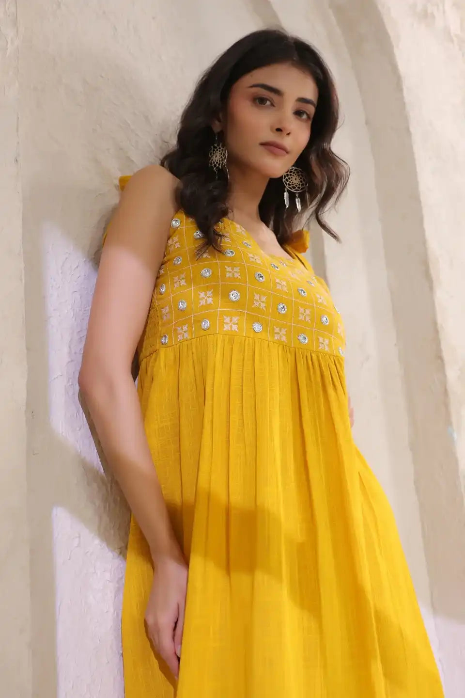 MustardEmbroideredMiniDress-another - VyomTara