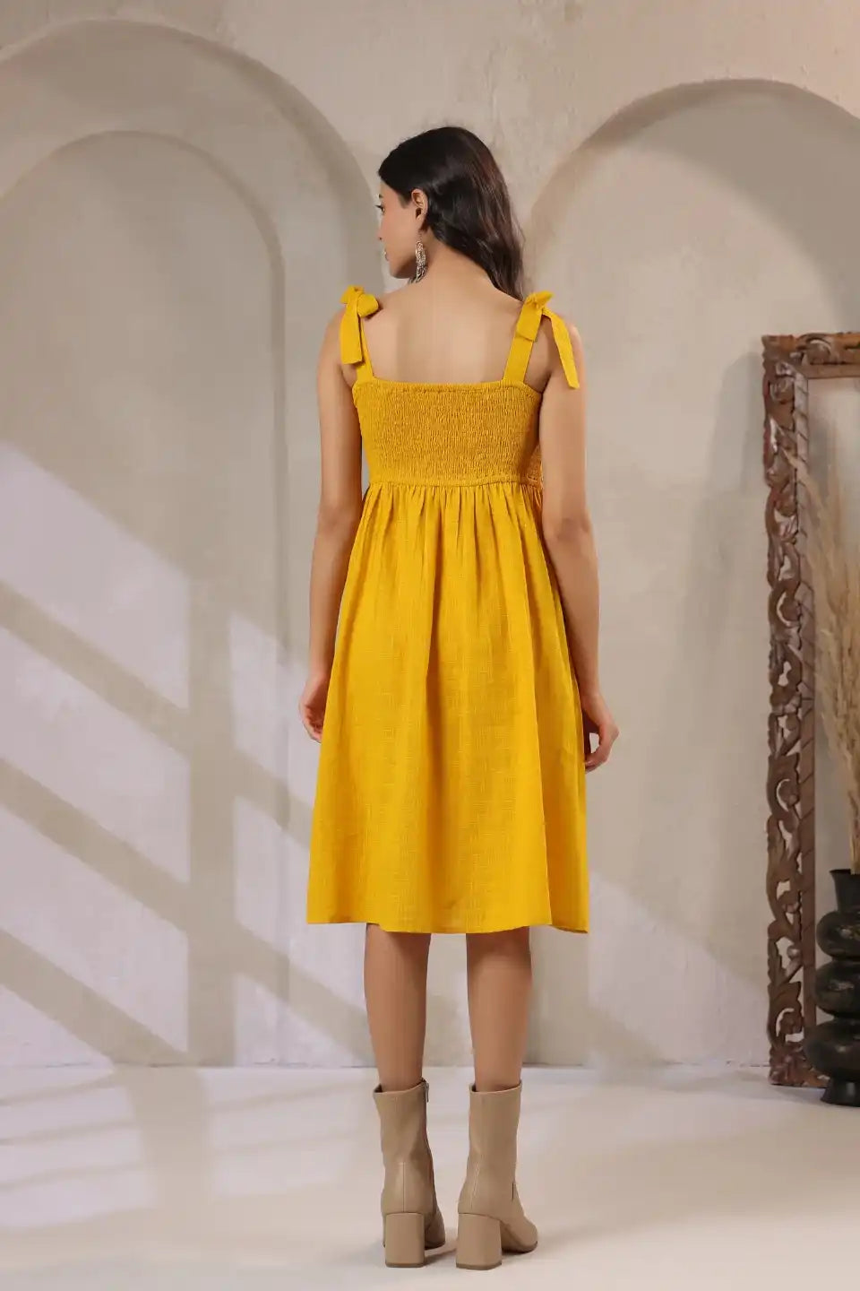 MustardEmbroideredMiniDress-backside - VyomTara