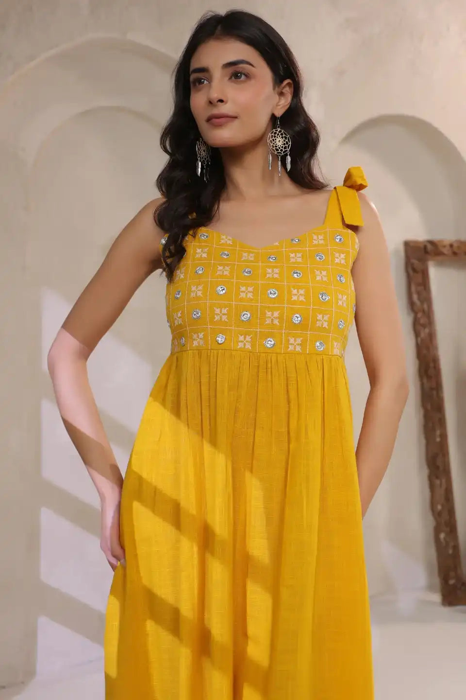 MustardEmbroideredMiniDress-closer - VyomTara