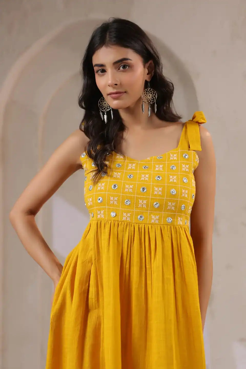 MustardEmbroideredMiniDress-necklinecloser - VyomTara