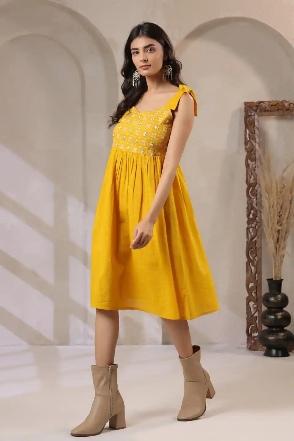 MustardEmbroideredMiniDress-sideviewanother - VyomTara