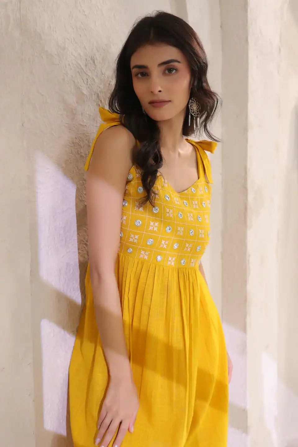 MustardEmbroideredMiniDress - VyomTara