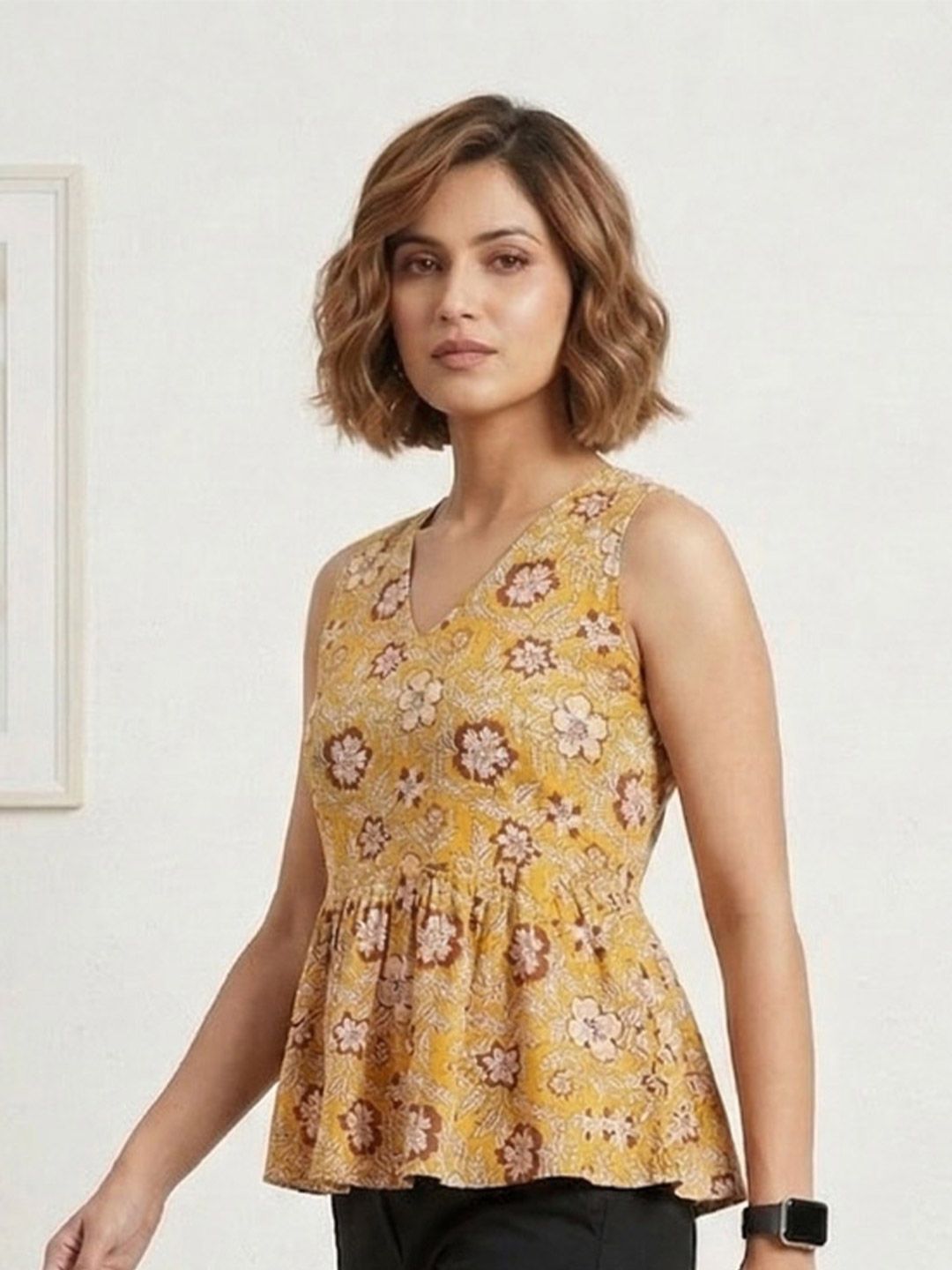 Mustard Floral Block Print Cotton Peplum Top