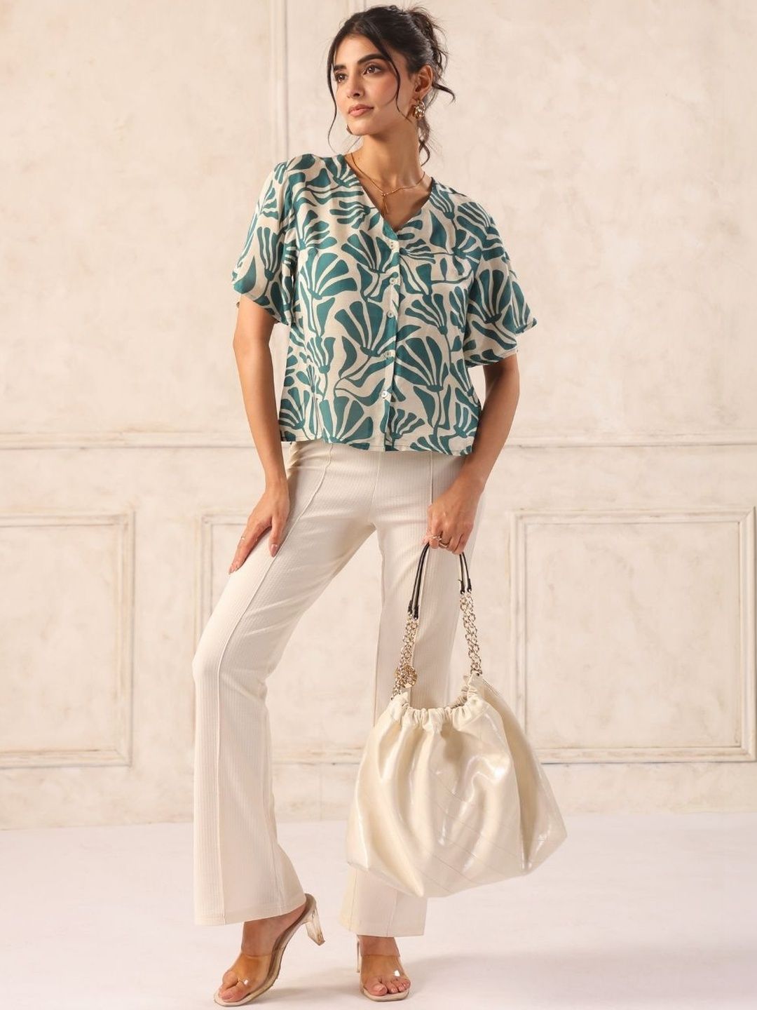Teal Tropical Print Viscose Flutter Sleeve V-Neck Top for Women