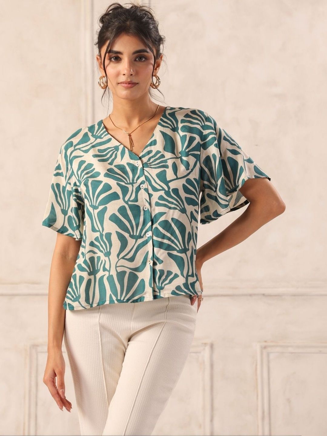 Teal Tropical Print Viscose Flutter Sleeve V-Neck Top for Women