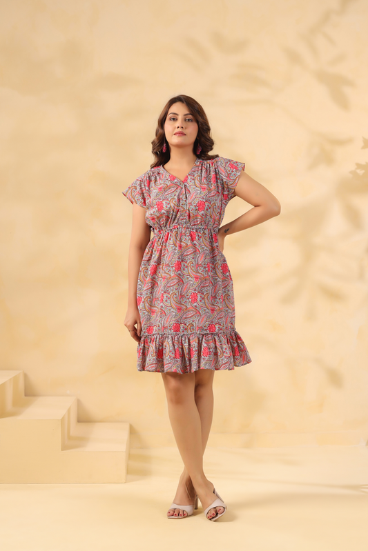 pink floral cotton short dress v neck design front styling