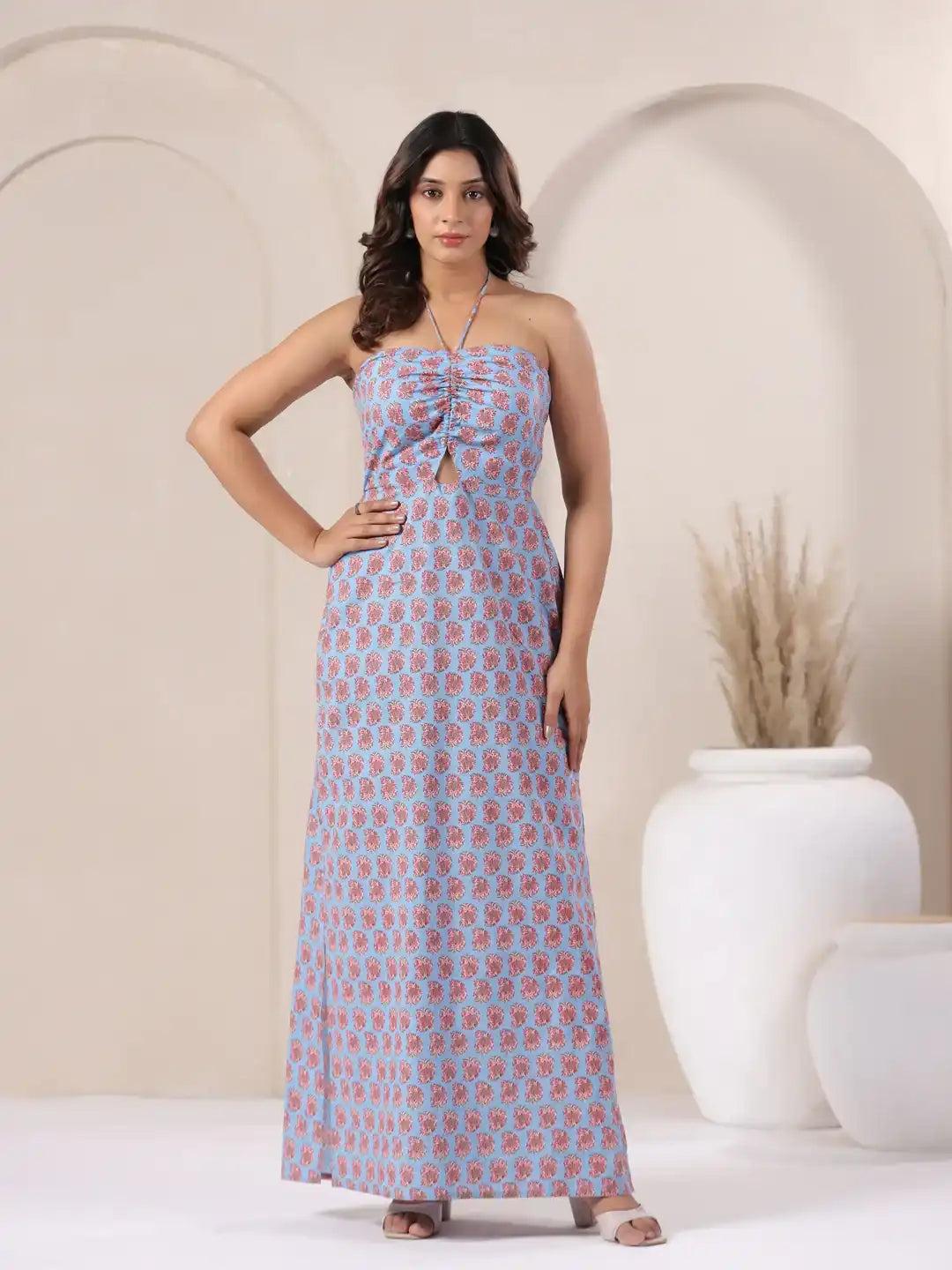 Blue floral print strapless maxi dress for women, elegant daily wear with ruched bodice
