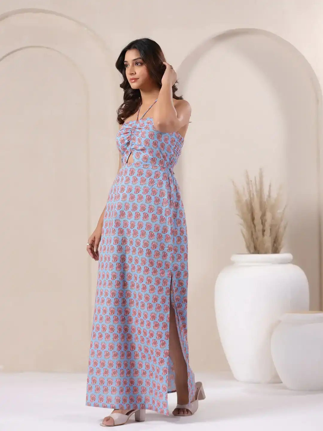 Blue floral print cotton maxi dress with side slit, elegant women's wear for daily or festive occasions