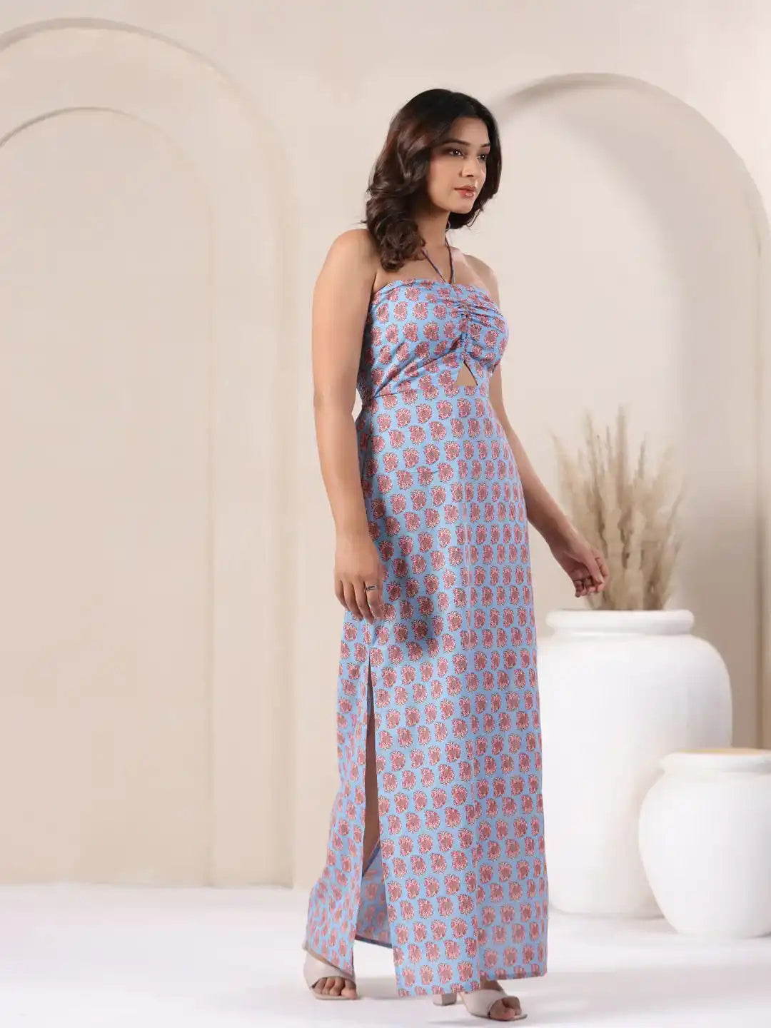 Blue floral print cotton strapless kurta set with side slit, elegant for daily or festive wear