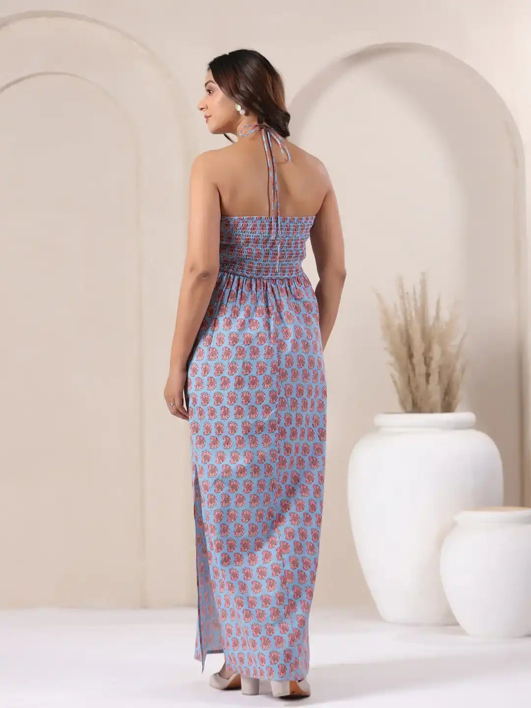 Blue floral print halter neck maxi dress with side slit, elegant cotton women's wear