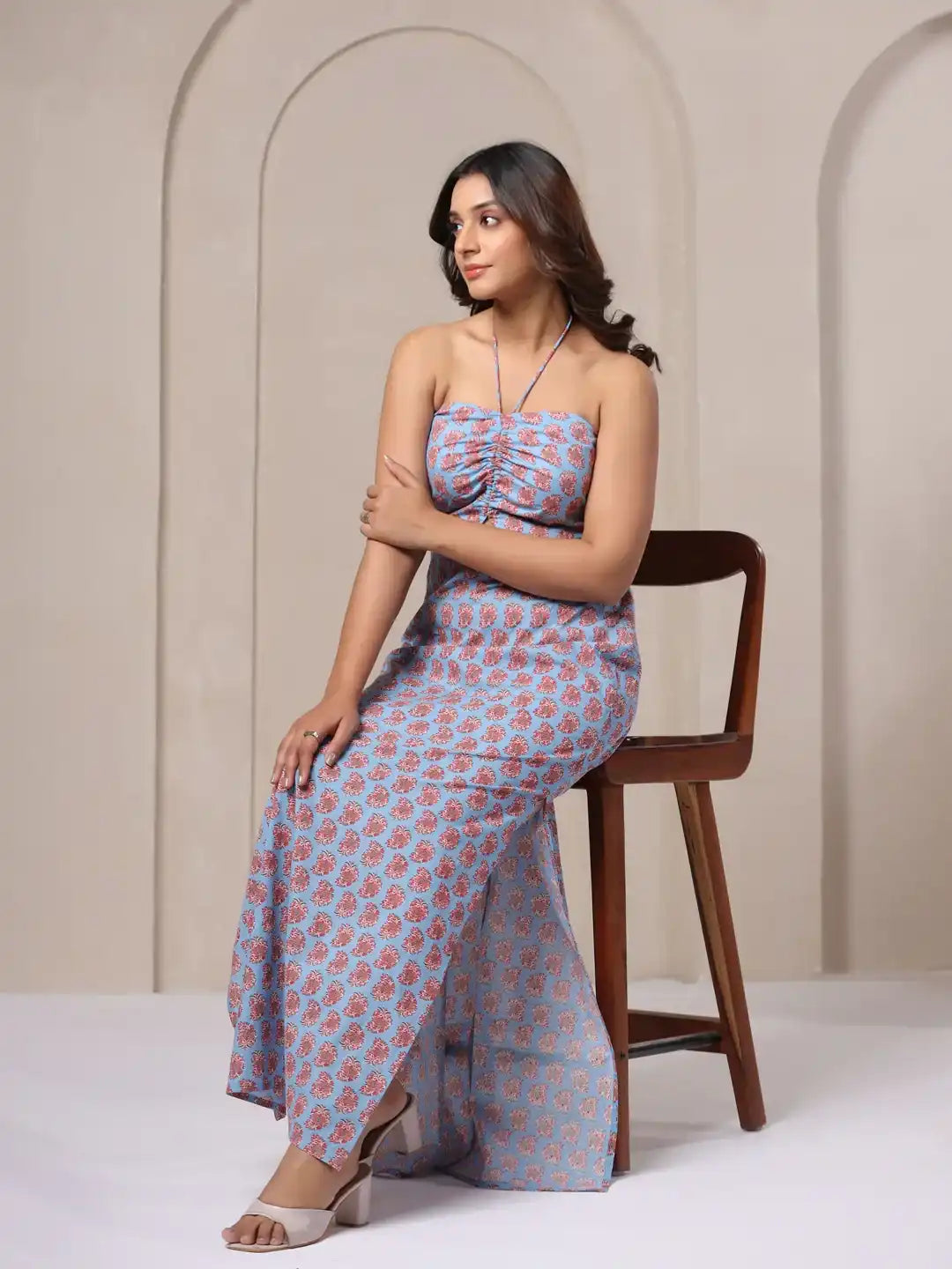 Woman in blue floral strapless kurta set, elegant cotton dress for daily wear or celebrations