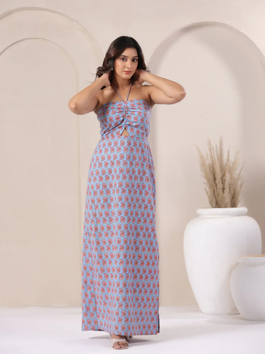 Blue floral print strapless maxi dress for women, elegant and comfortable for daily wear or celebrations