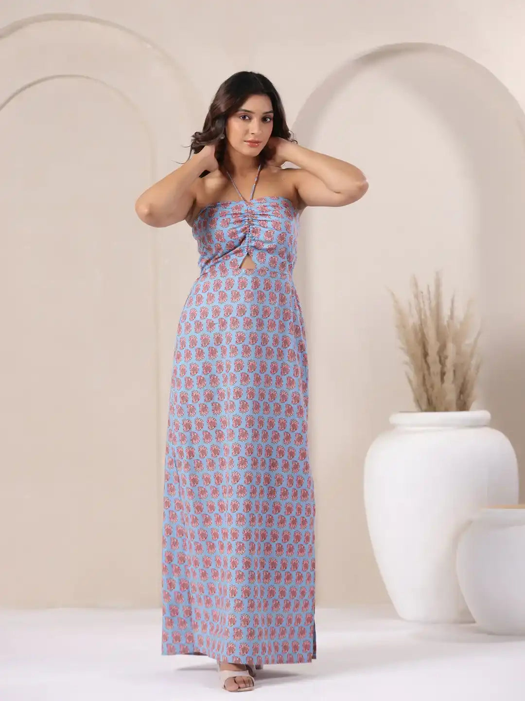 Blue floral print strapless maxi dress for women, elegant and comfortable for daily wear or celebrations