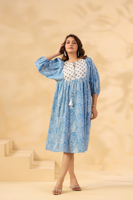 Powder blue floral print cotton midi dress for women front pose