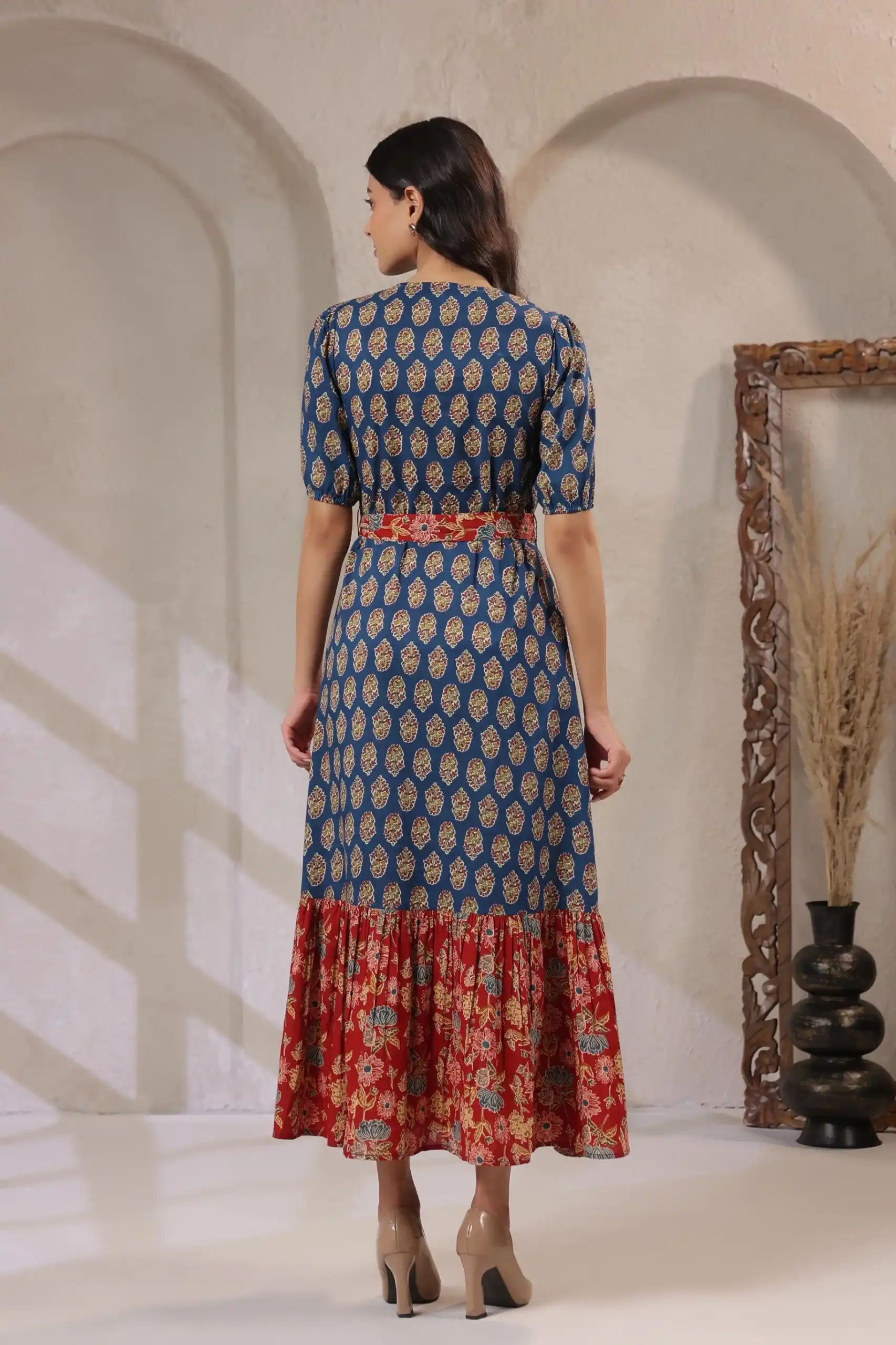 RED_INDIGoFloralmaxidress-backview - VyomTara