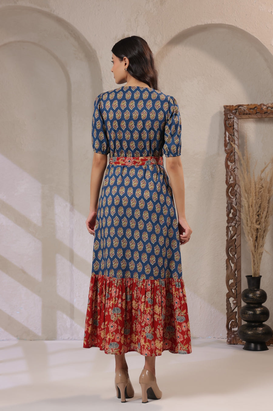 Blue Floral Print Cotton Maxi Dress with Detachable Belt