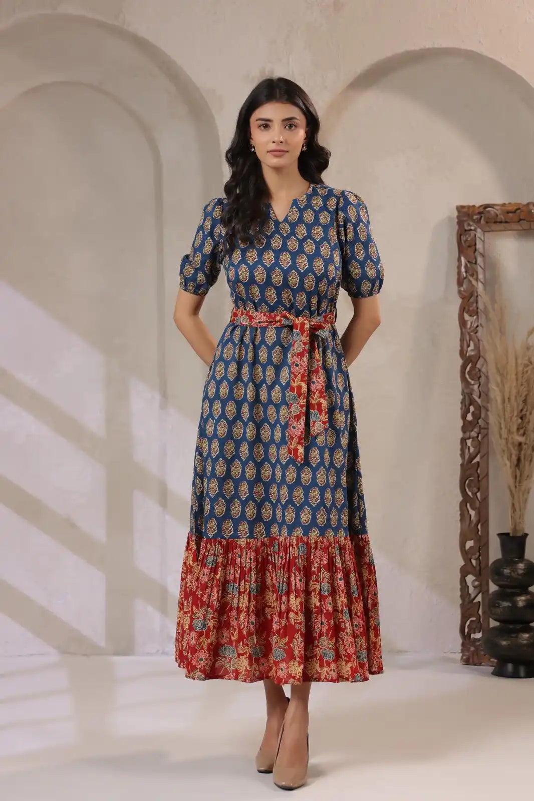 RED_INDIGoFloralmaxidress-frontview - VyomTara