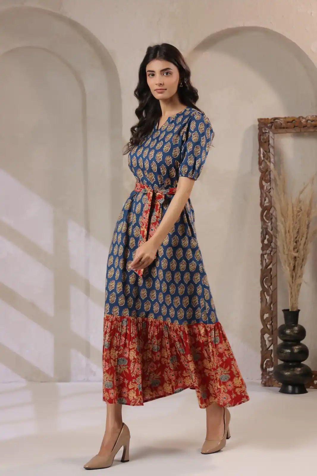 RED_INDIGoFloralmaxidress-sidelook - VyomTara