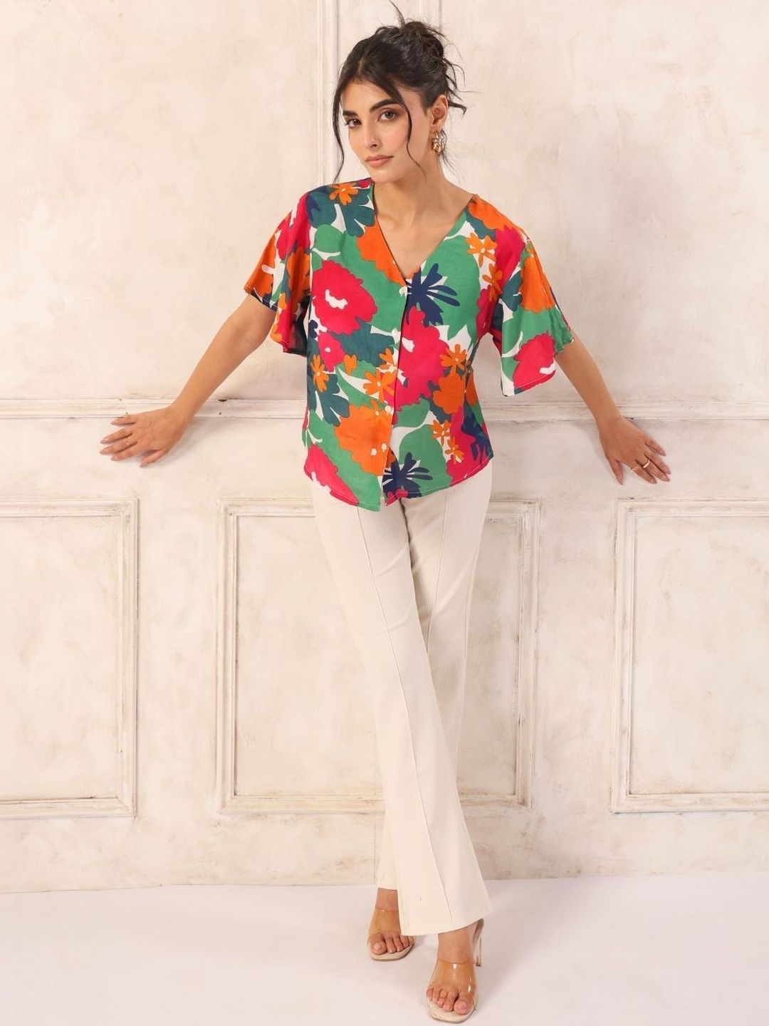 Royal Blue Tropical Print Flutter Sleeve Shirt