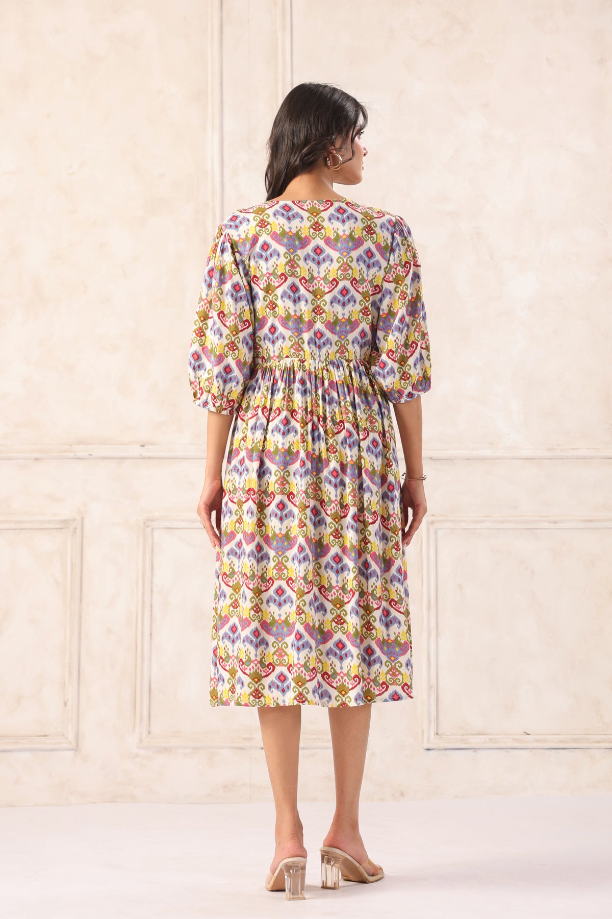Off White Floral Block Print Cotton Angrakha Midi Dress