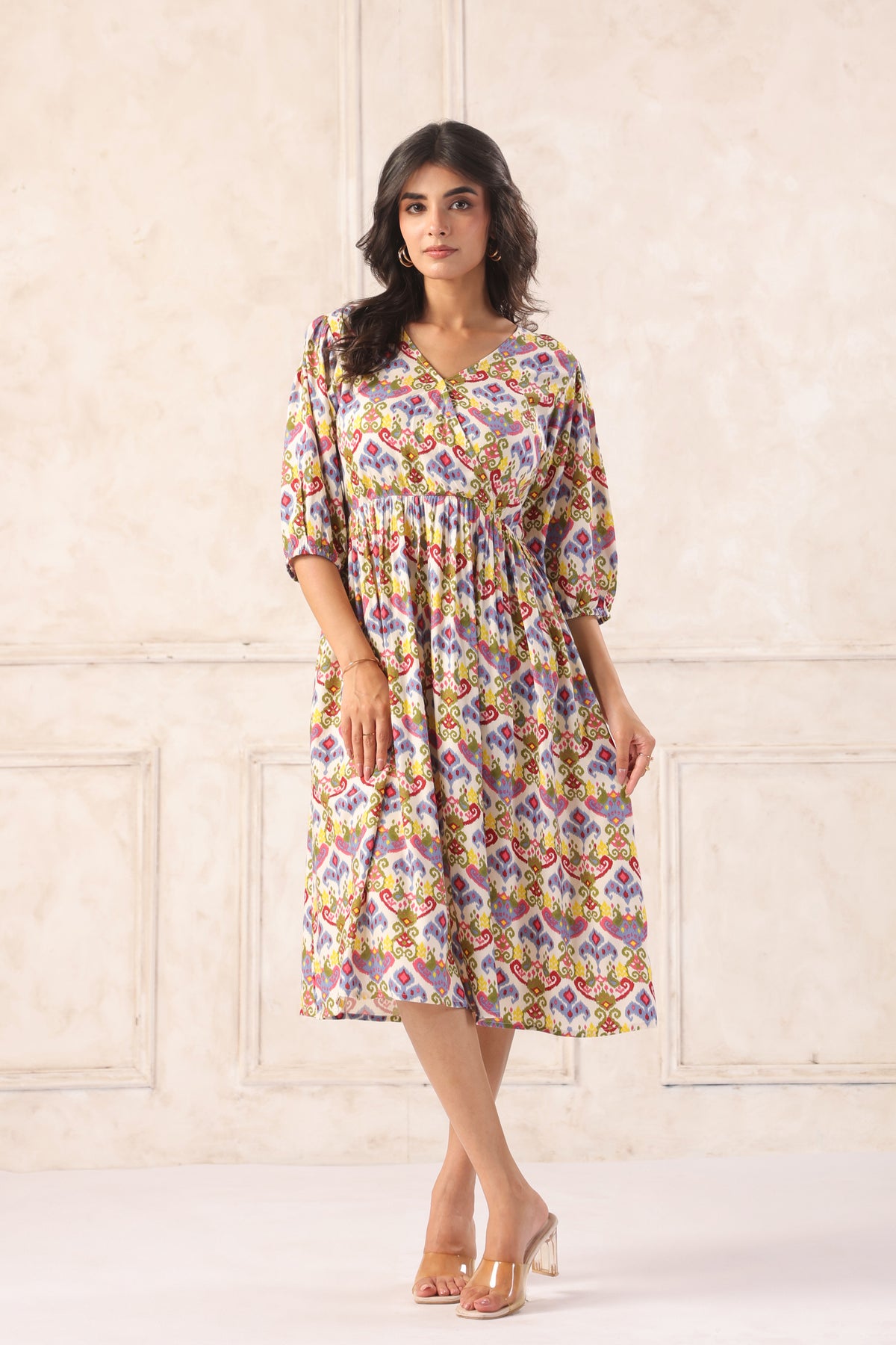 Off White Floral Block Print Cotton Angrakha Midi Dress
