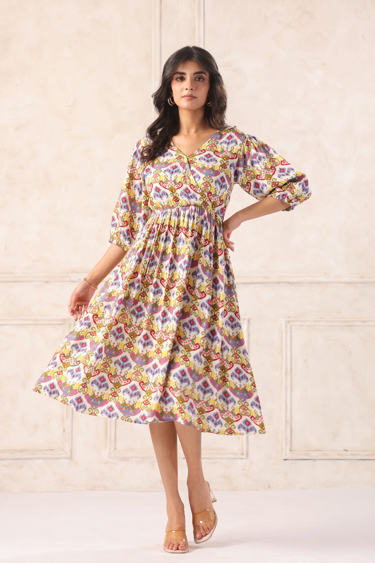 Off White Floral Block Print Cotton Angrakha Midi Dress