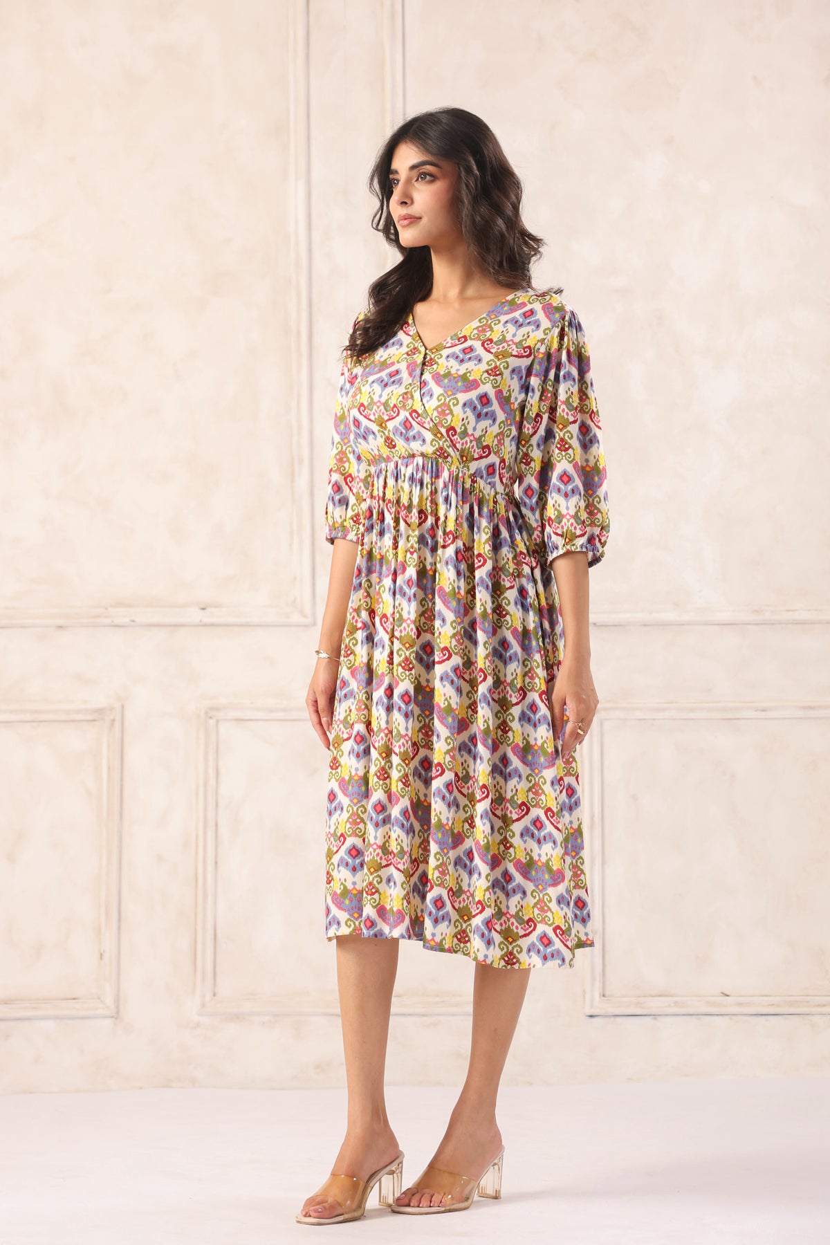 Off White Floral Block Print Cotton Angrakha Midi Dress