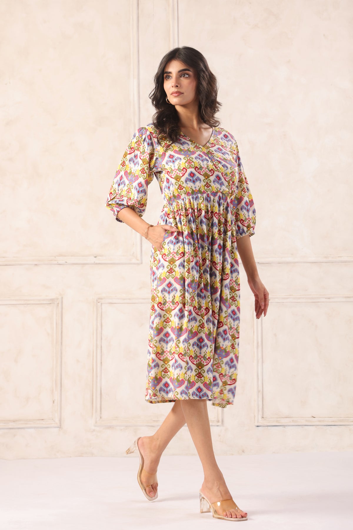 Off White Floral Block Print Cotton Angrakha Midi Dress