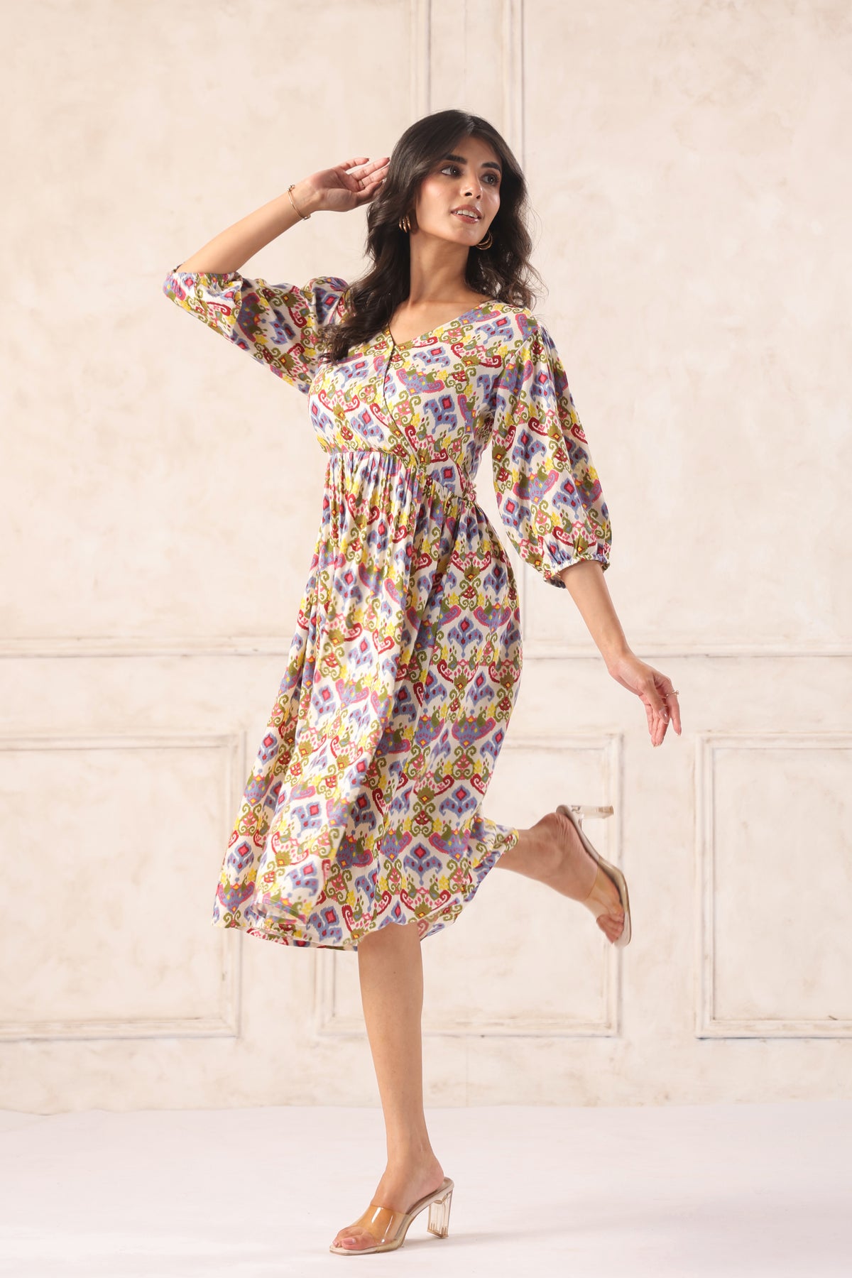 Off White Floral Block Print Cotton Angrakha Midi Dress
