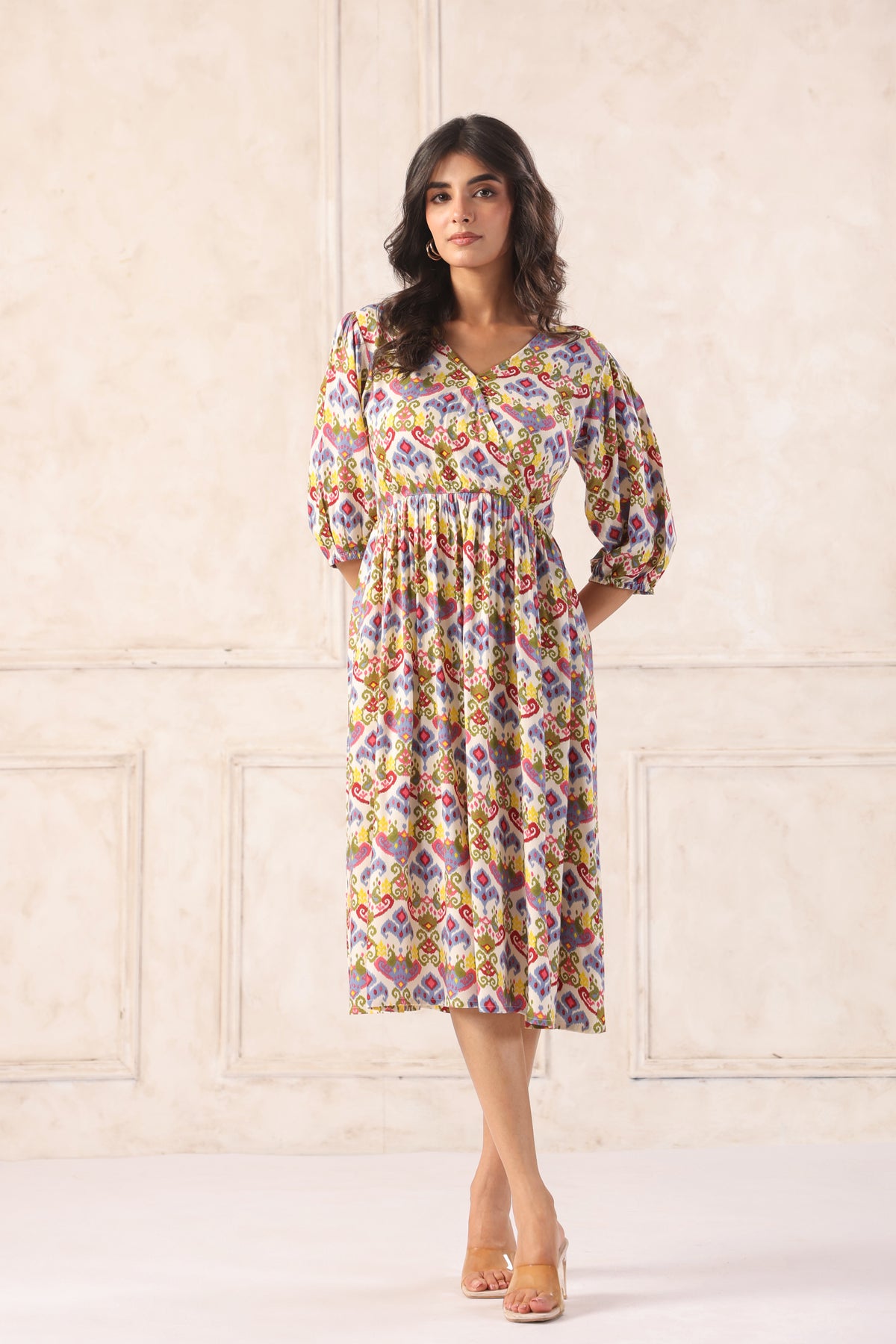 Off White Floral Block Print Cotton Angrakha Midi Dress