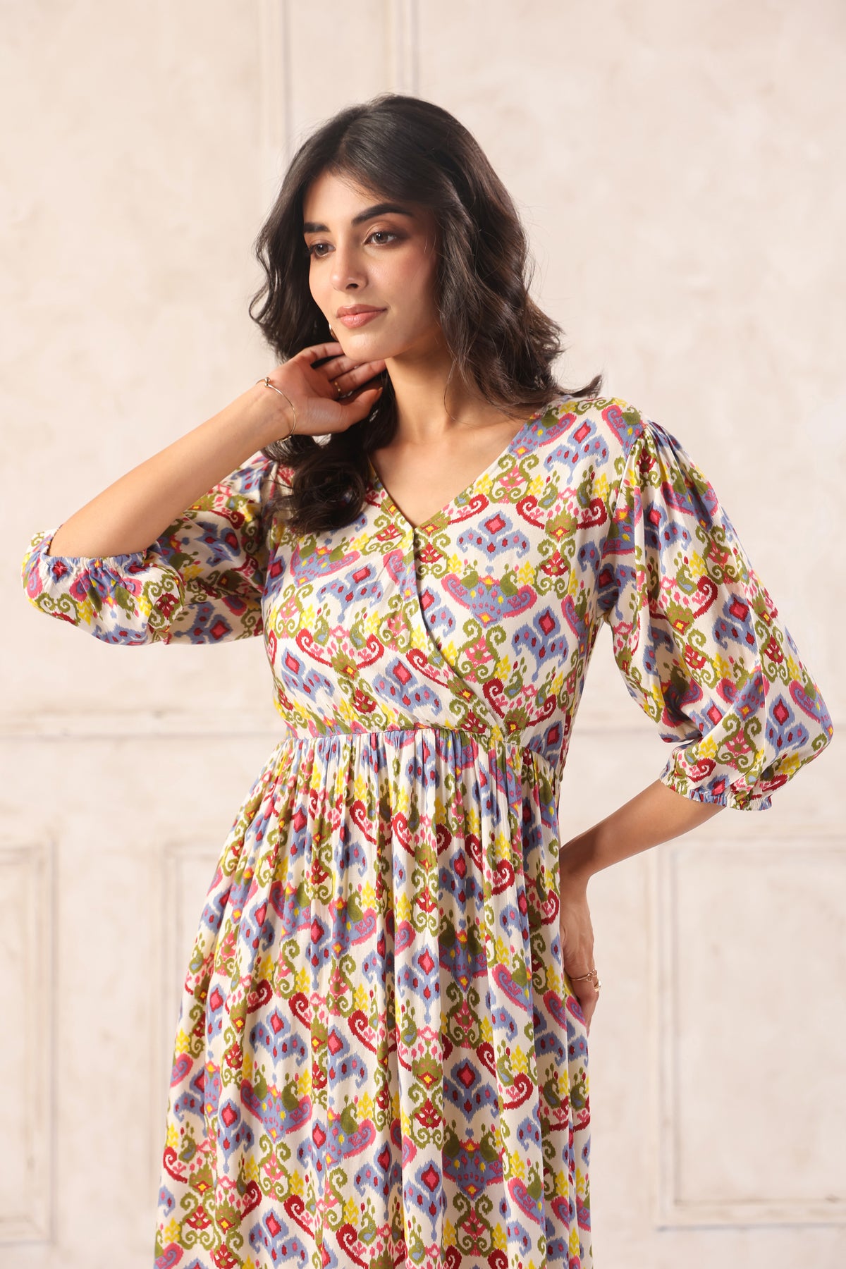 Off White Floral Block Print Cotton Angrakha Midi Dress