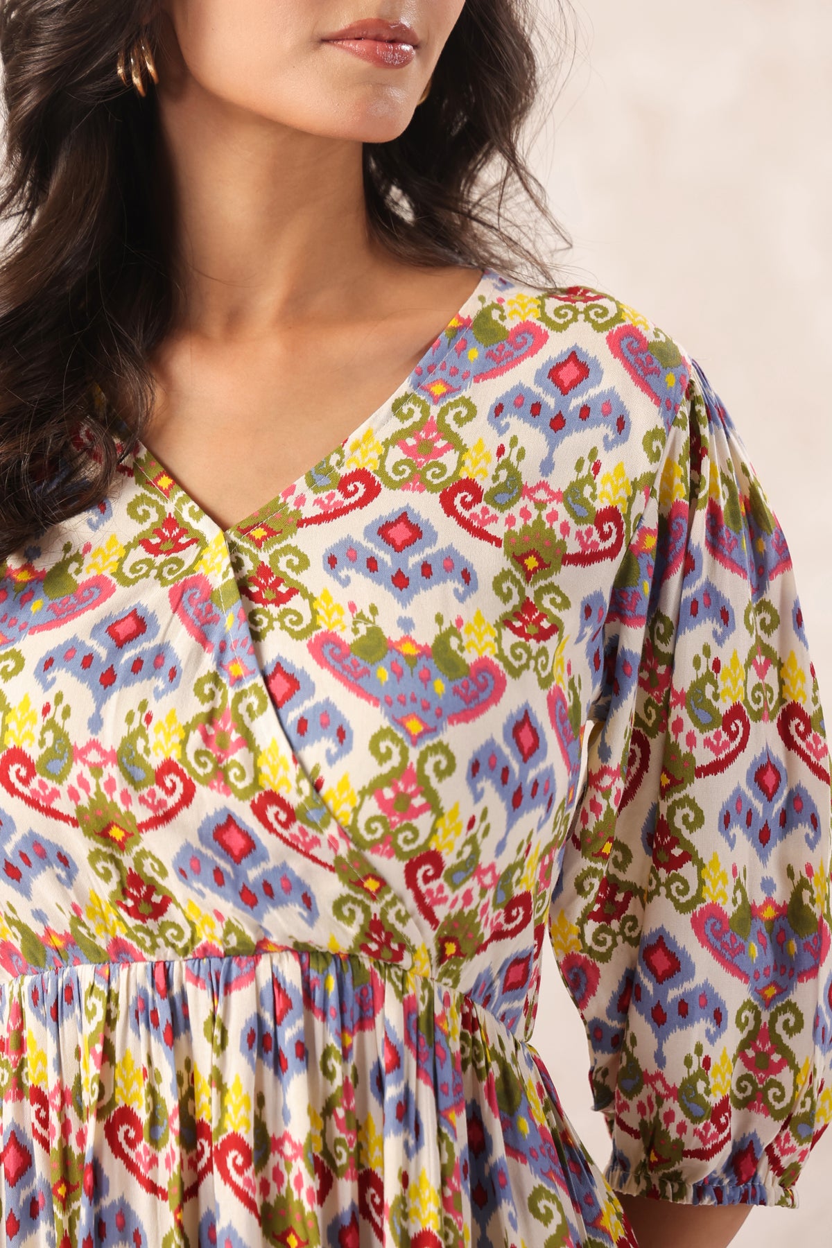 Off White Floral Block Print Cotton Angrakha Midi Dress