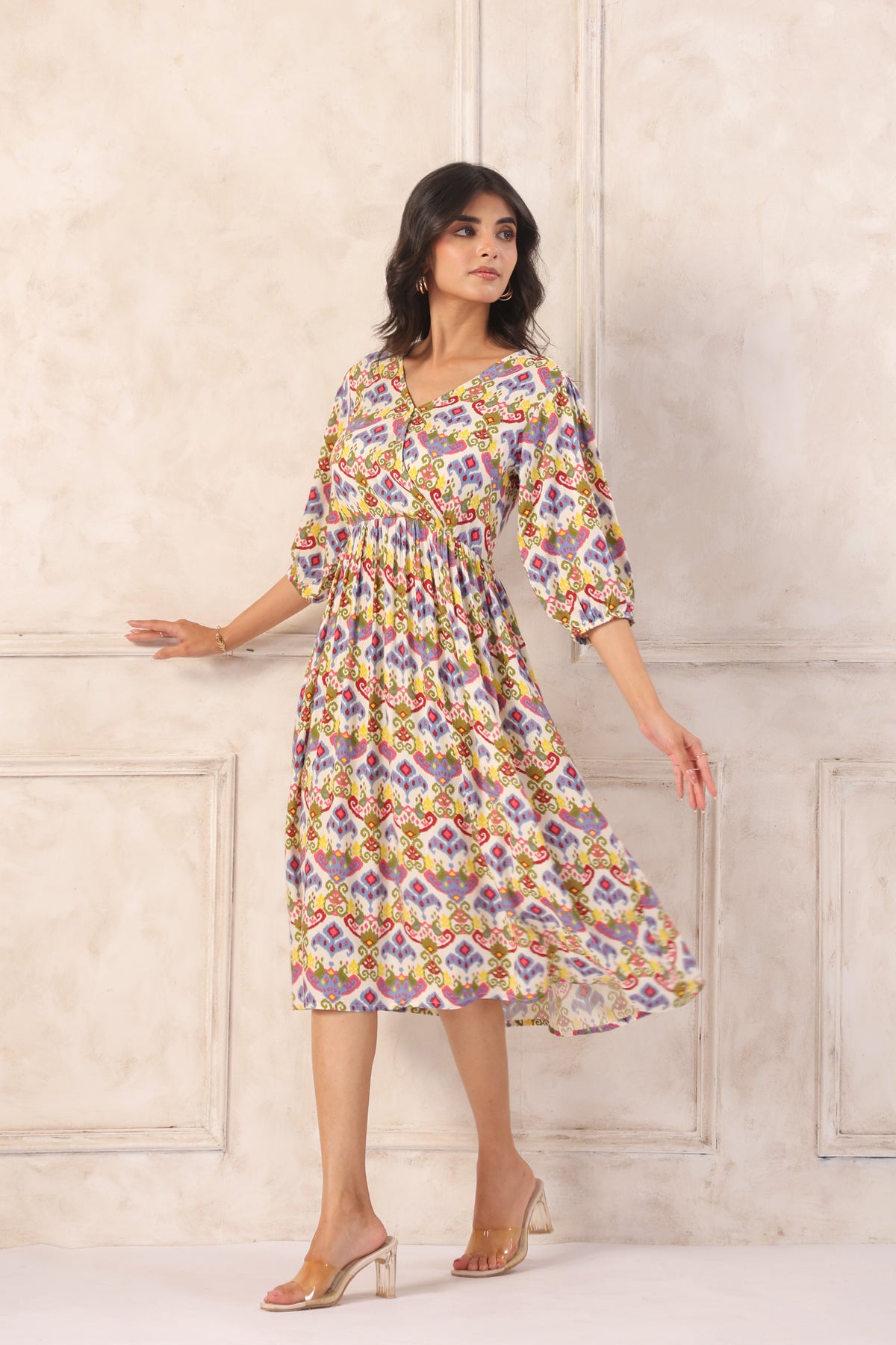Off White Floral Block Print Cotton Angrakha Midi Dress